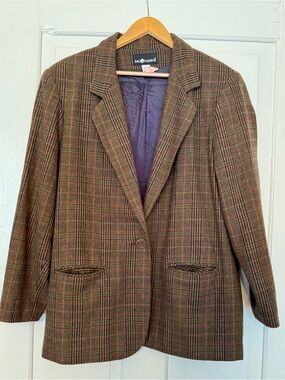 Vintage Sag Harbor Women's Brown Plaid Wool Blazer Jacket
